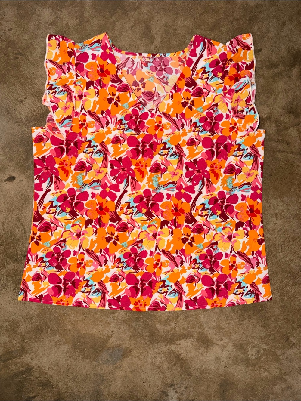 Floral Ruffle Sleeve V-Neck Blouse Pink Orange Tropical Top M - Picture 1 of 7